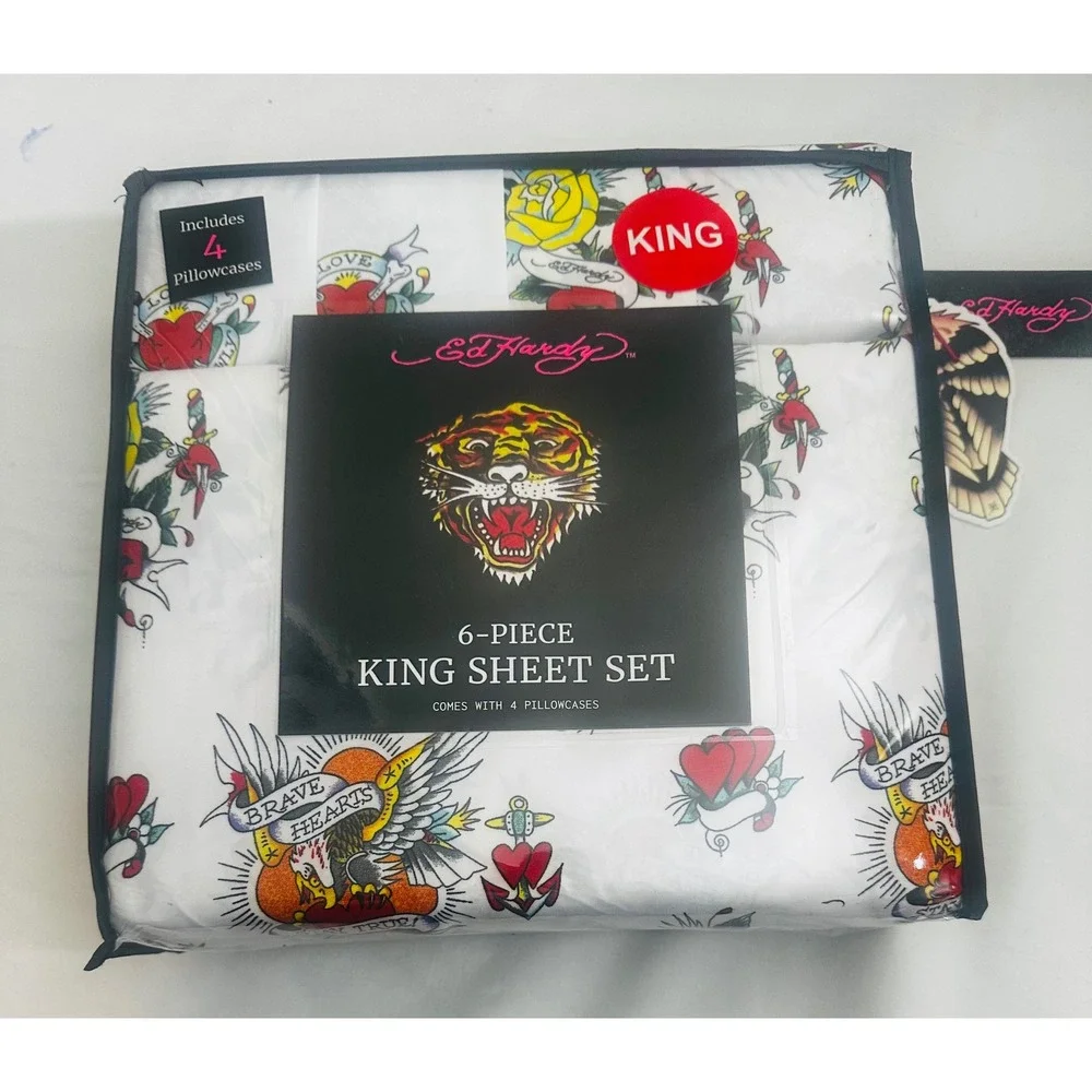 Ed Hardy King Sheet Set 6 Pc Tattoo Eagle Heart Rose New Y2K‎ Revival Home Decor